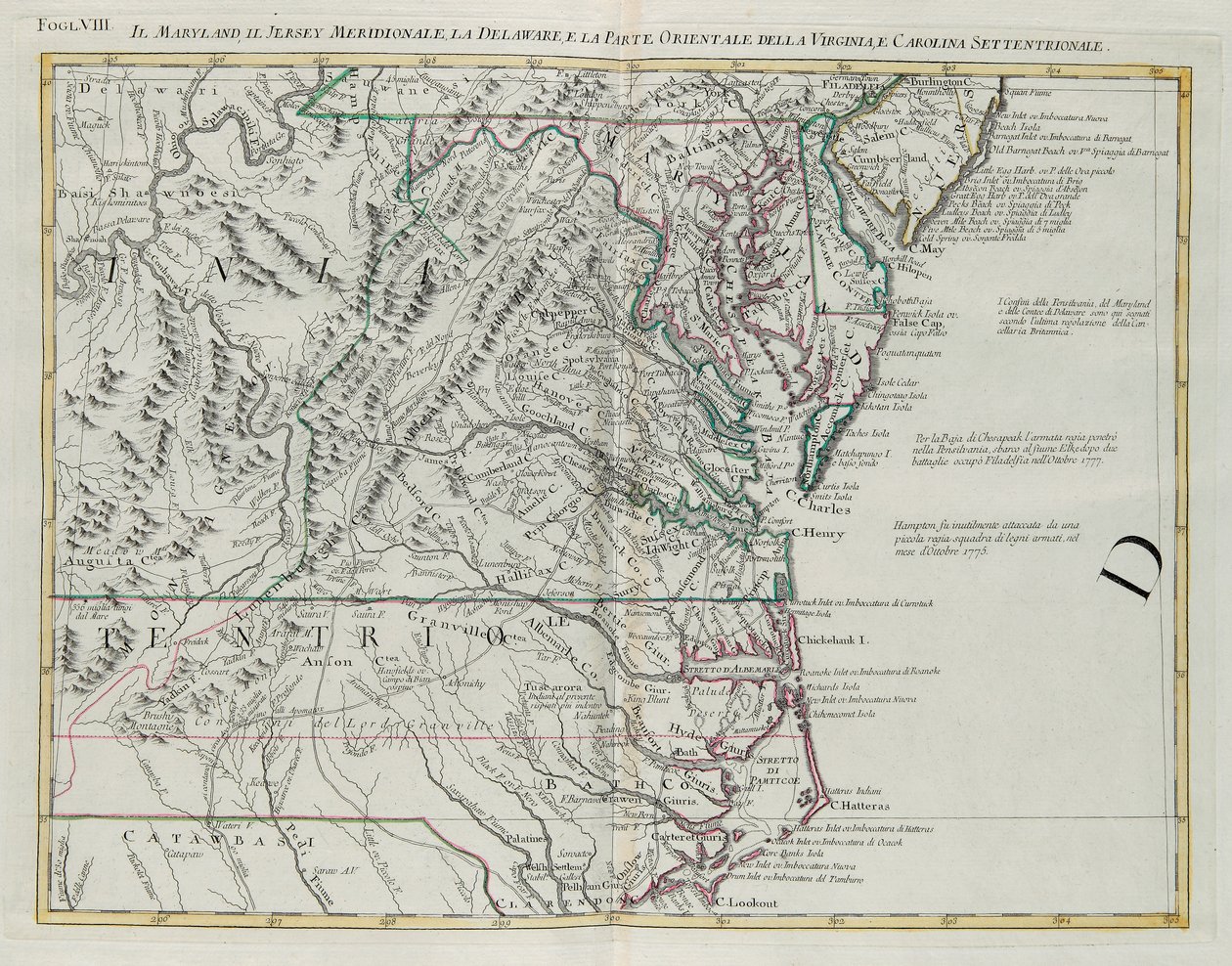 Maryland, südliches New Jersey, Delaware und der östliche Teil von Virginia und North Carolina, Stich von G. Zuliani aus Band I des "Neuesten Atlas" veröffentlicht in Venedig 1778 von Antonio Zatta, Privatsammlung von G. Zuliani