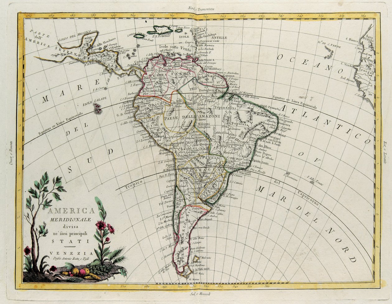 Südamerika, aufgeteilt in seine Hauptstaaten, Kupferstich von G. Zuliani aus Band IV des "Neuesten Atlas" veröffentlicht in Venedig von Antonio Zatta, Privatsammlung von G. Zuliani