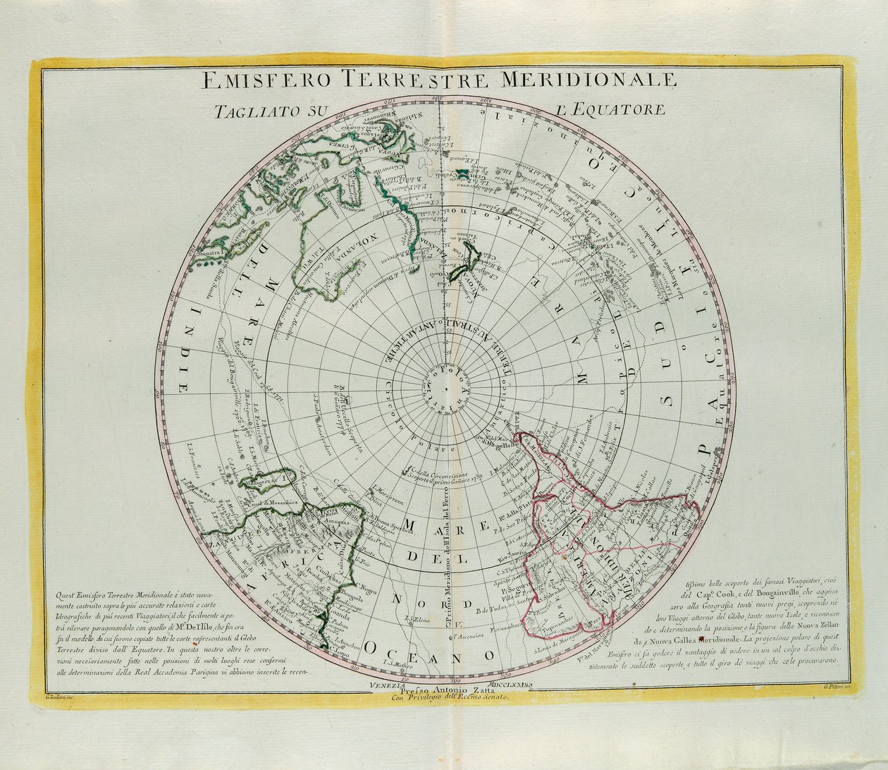 Südliche Hemisphäre der Erde, am Äquator geschnitten, Gravur von G. Zuliani aus Band I des Neuesten Atlas, veröffentlicht in Venedig 1779 von Antonio Zatta von G. Zuliani
