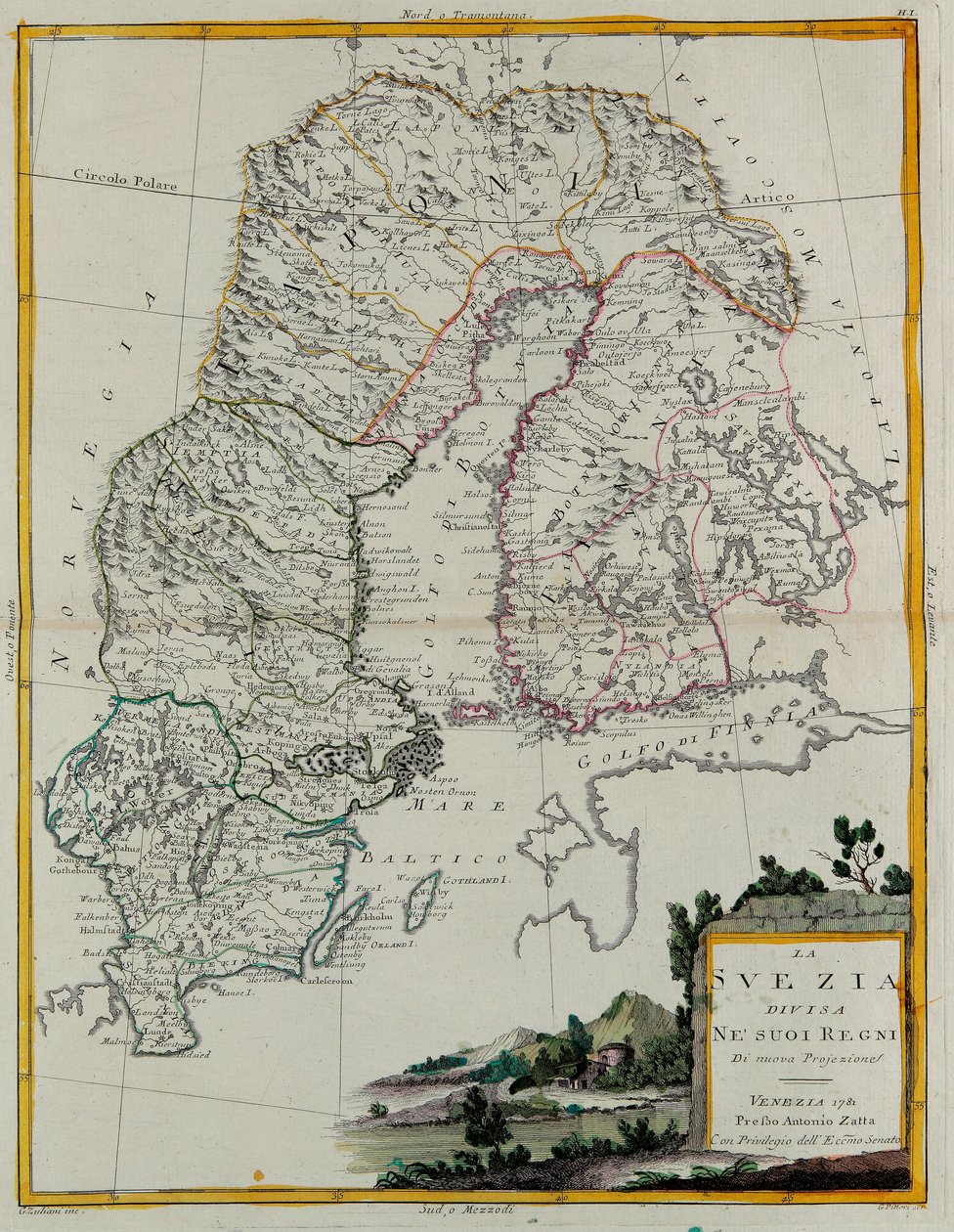 Schweden, aufgeteilt in seine Königreiche, Gravur von G. Zuliani aus Band III des "Neuesten Atlas" veröffentlicht in Venedig 1781 von Antonio Zatta, Private Sammlung von G. Zuliani