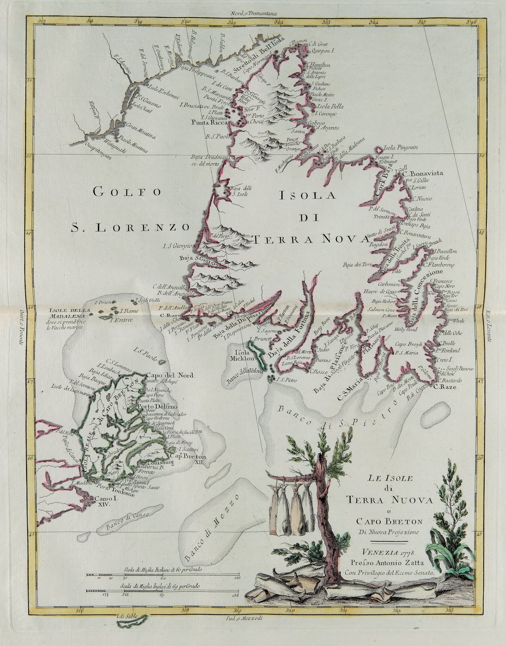 Die Inseln Neufundland und Kap-Breton, Gravur von G. Zuliani aus Band I des "Neuesten Atlas" veröffentlicht in Venedig 1778 von Antonio Zatta, Private Sammlung von G. Zuliani