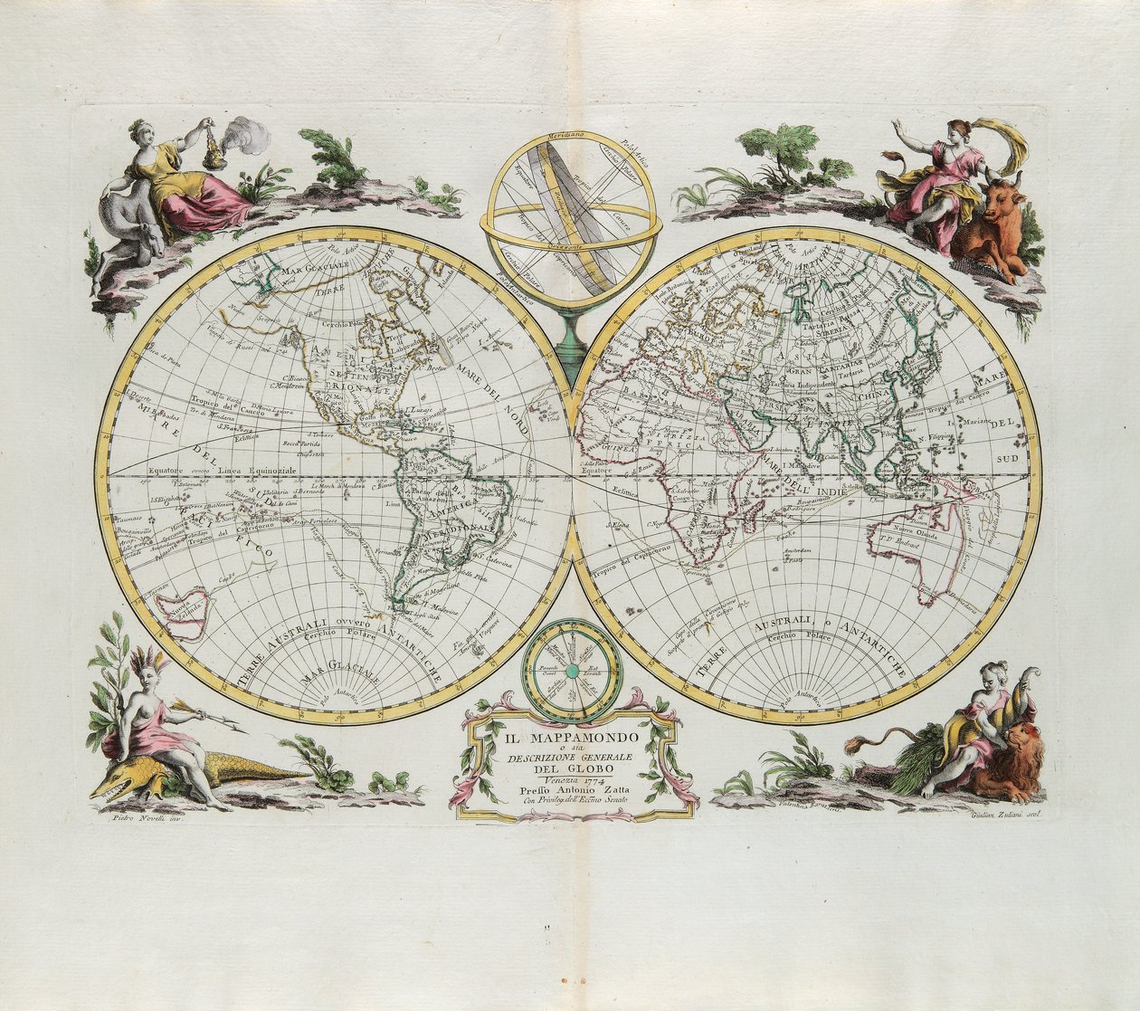 Weltkarte und allgemeine Beschreibung des Globus, Gravur von G. Zuliani aus Band I des Neuesten Atlas, veröffentlicht in Venedig 1774 von Antonio Zatta von G. Zuliani