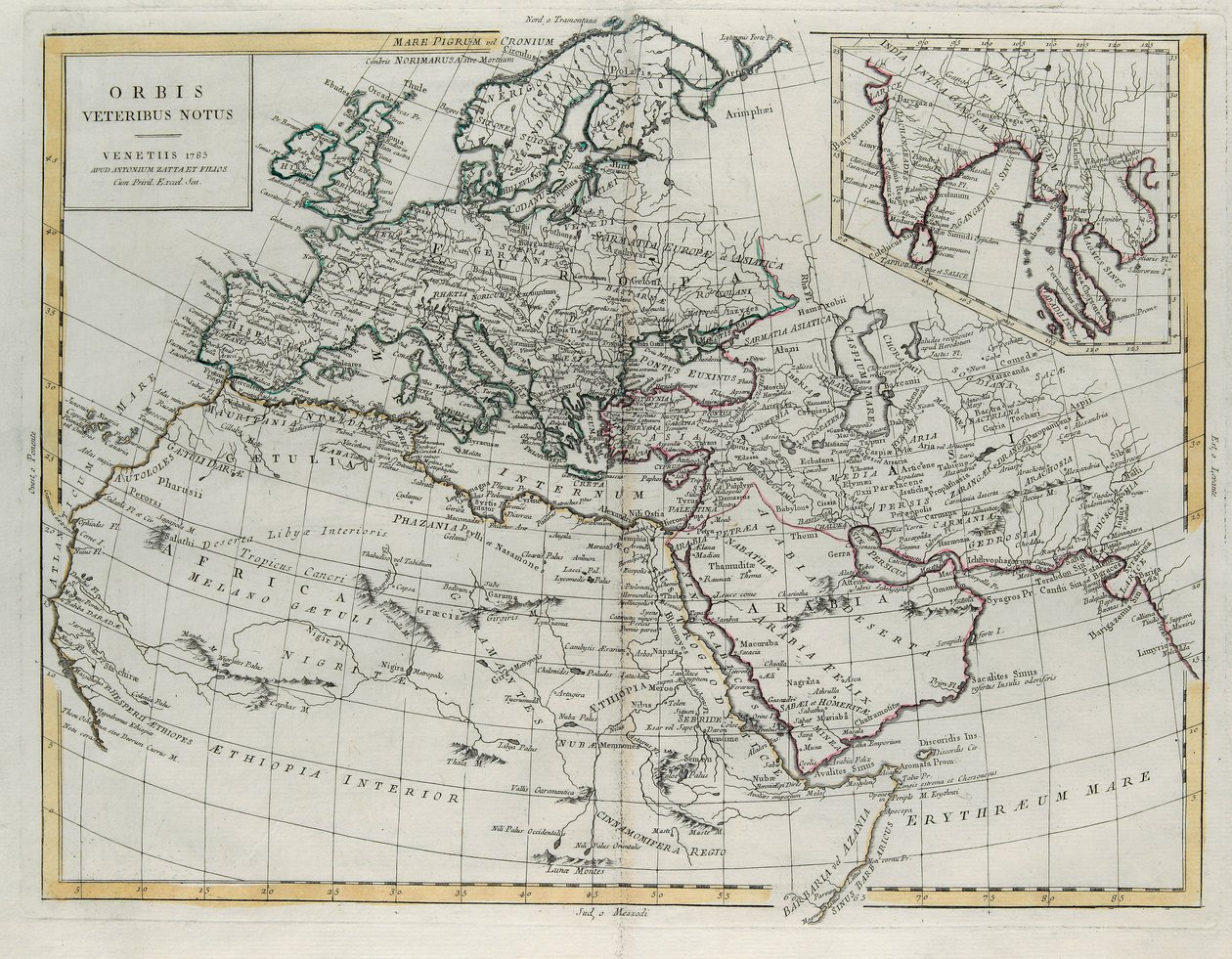 Die Welt, wie sie den Alten bekannt war, Stich von G. Zuliani aus Band IV des Neuesten Atlas, veröffentlicht in Venedig 1785 von Antonio Zatta, Privatsammlung von G. Zuliani