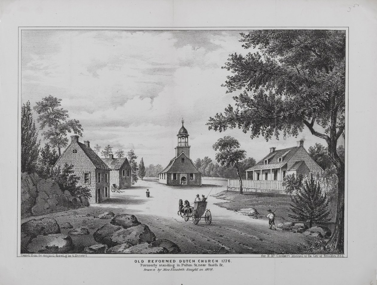 Alte reformierte niederländische Kirche im Jahr 1776, gezeichnet von Miss Elizabeth Sleight im Jahr 1808, gedruckt für H. McCloskeys Handbuch der Stadt Brooklyn, 1864 von G. after Hayward