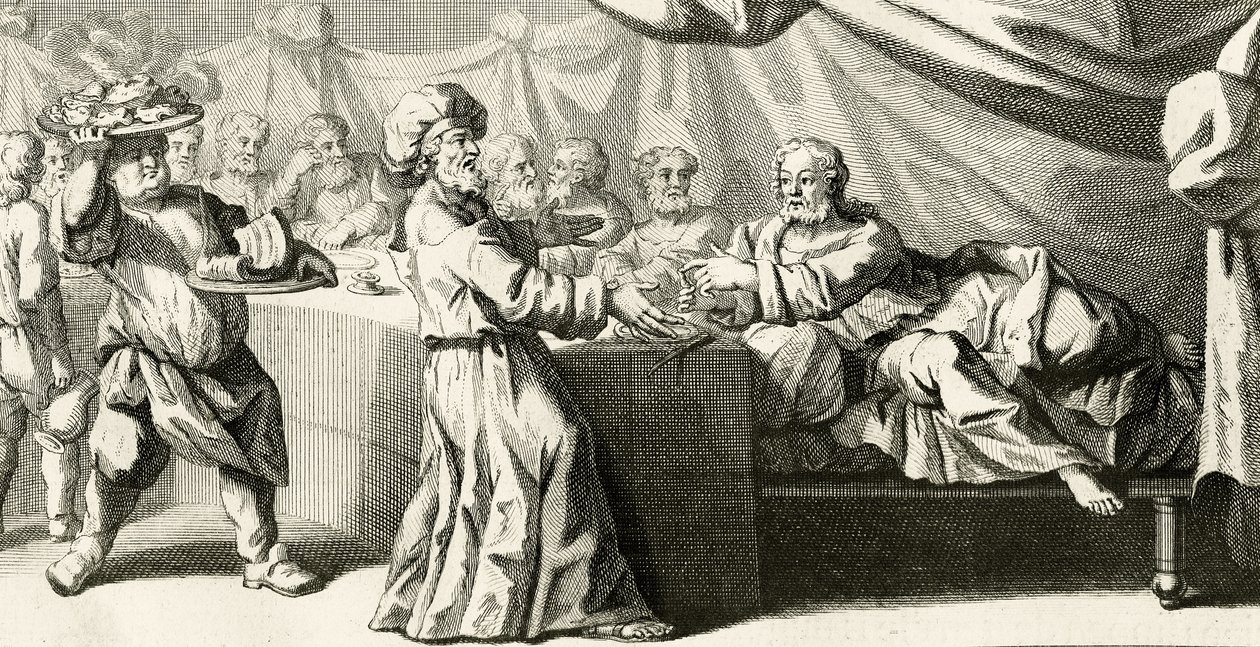 Jesus zum Abendessen mit dem Pharisäer eingeladen, Illustration aus dem Evangelium des Heiligen Lukas, Kapitel 11:37, 1728 von Gabriel Francois Louis Debrie