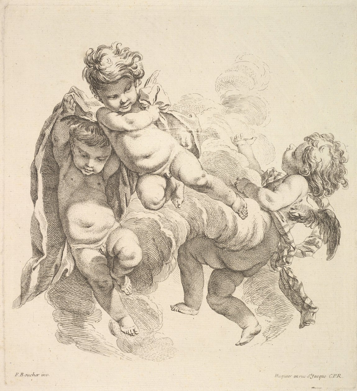 Drei Kinder unter Wolken, die ein Tuch tragen von Gabriel Huquier
