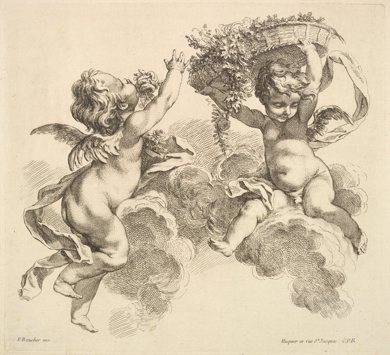 Zwei Kinder, eines hält einen Korb mit Blumen, 1738-45 von Gabriel Huquier