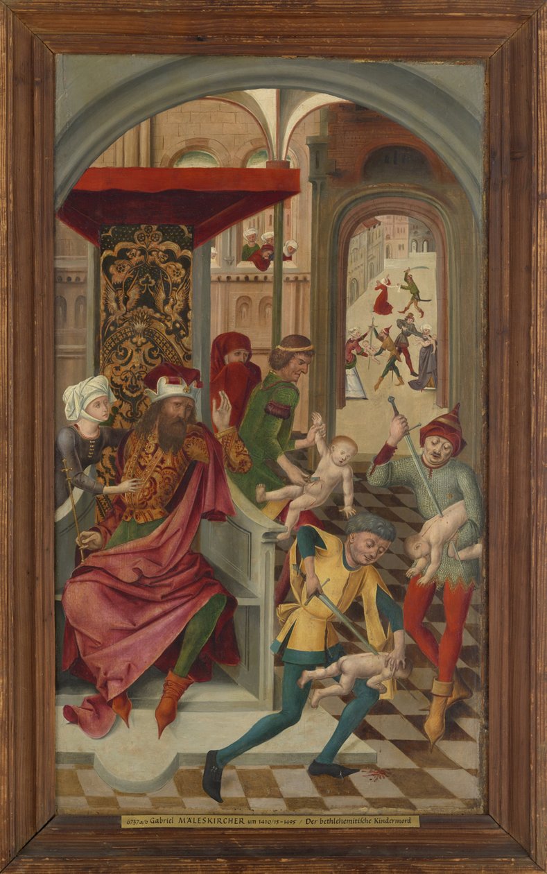 Flügel des St. Veits-Altars aus der Klosterkirche Tegernsee; Vorderseite: Der bethlehemitische Kindermord, Rückseite: Die Heiligen Veit, Modestus und Kreszentia werden mit Manna gestärkt von Gabriel Maeleßkircher