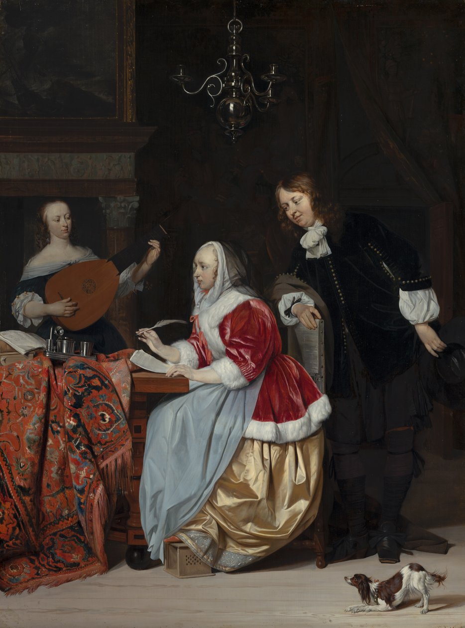 Eine junge Frau komponiert ein Musikstück von Gabriel Metsu