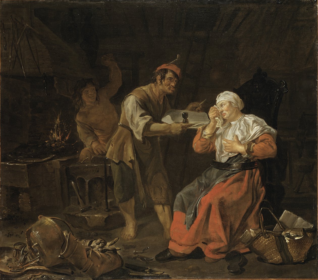 Weinende Frau in einer Schmiede, ca. 1650 von Gabriel Metsu
