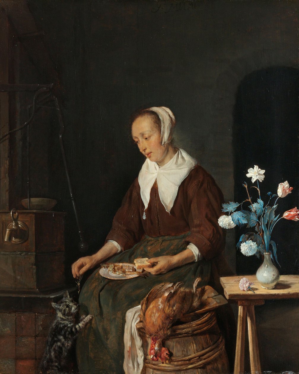 Frau beim Essen, bekannt als „Das Katzenfrühstück“, ca. 1661-64 von Gabriel Metsu
