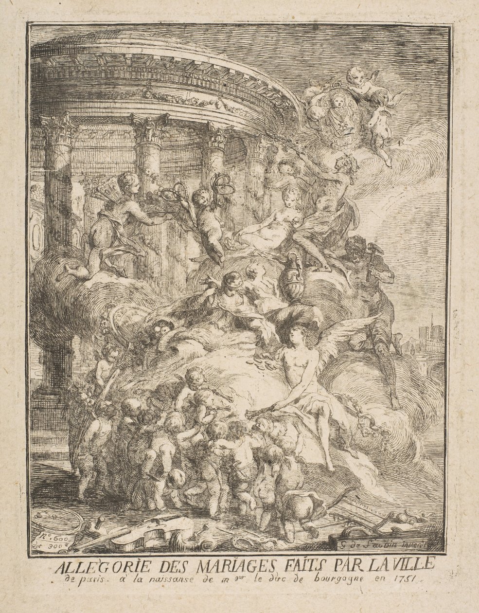 Allegorie der Ehen, die von der Stadt Paris zur Geburt des Herzogs von Burgund geschlossen wurden, 1752 von Gabriel de Saint Aubin