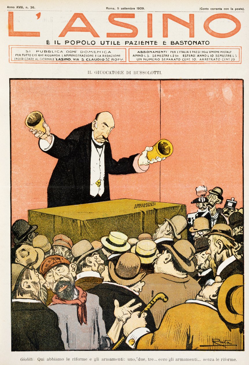Schalen-Spieler, satirische Karikatur gewidmet Giovanni Giolitti, aus der Zeitschrift L