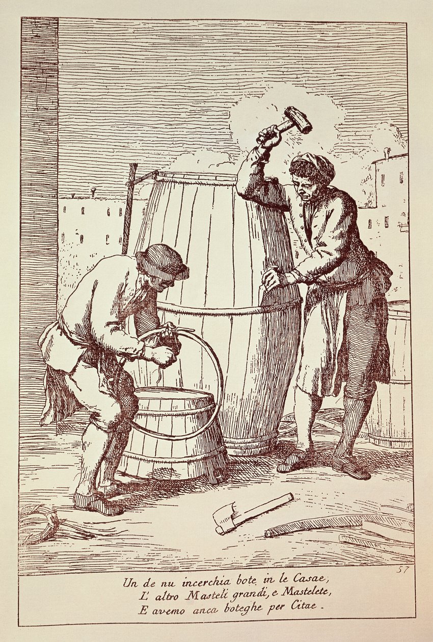 Böttcher bei der Arbeit, Gravur von Gaetano Gherardo Zompini aus Die Künste des Alltagslebens in der Stadt Venedig, Italien von Gaetano Zompini