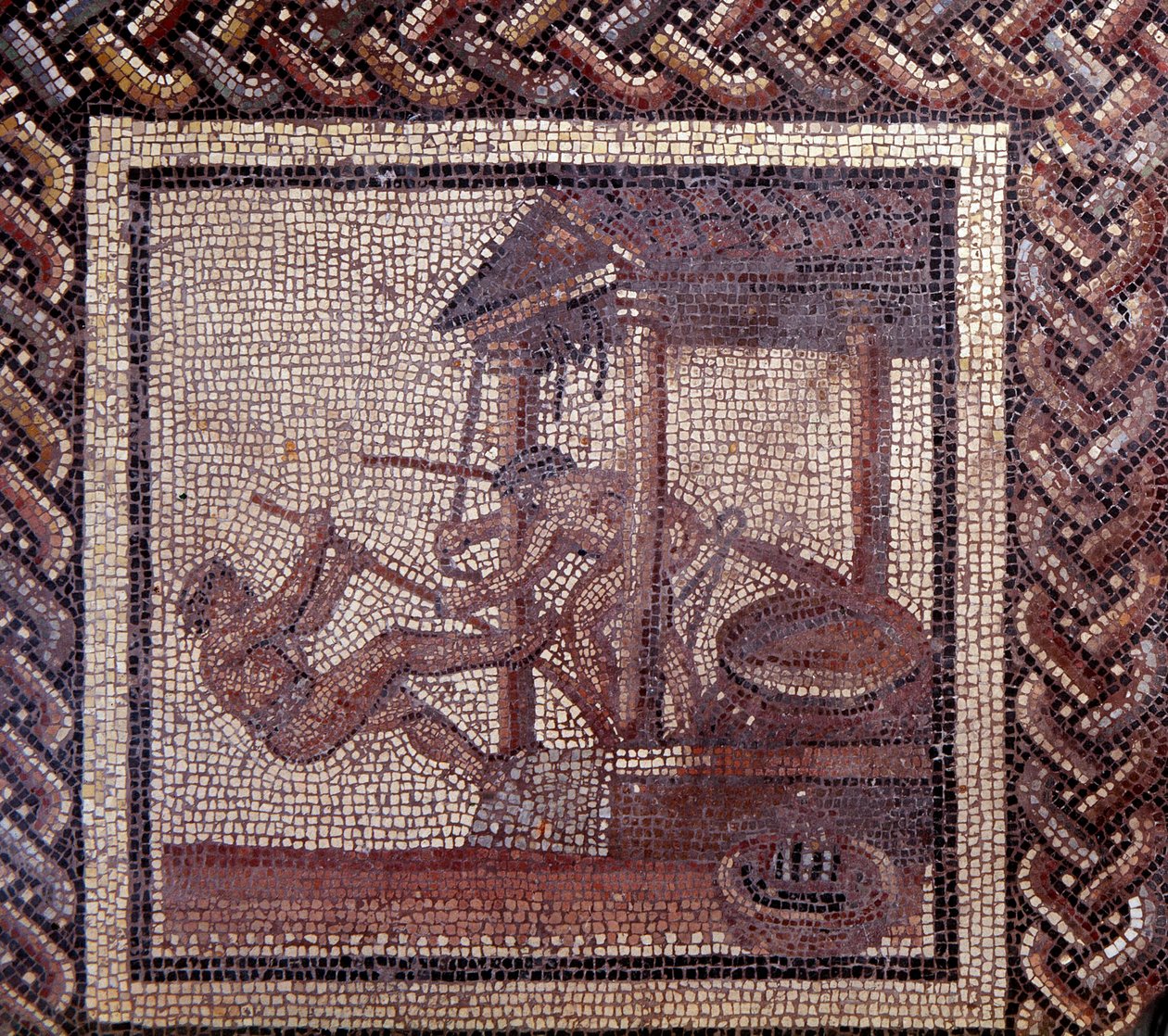 Gallorömische Kunst: Mosaikpflaster, das einen rustikalen Kalender darstellt. Eine Ölpresse. Ende 2. Anfang 3. Jahrhundert nach Christus. Aus Saint-Romain-en-Gal (Rhone). Saint Germain en Laye, Nationalmuseum für Archäologie von Gallo Roman