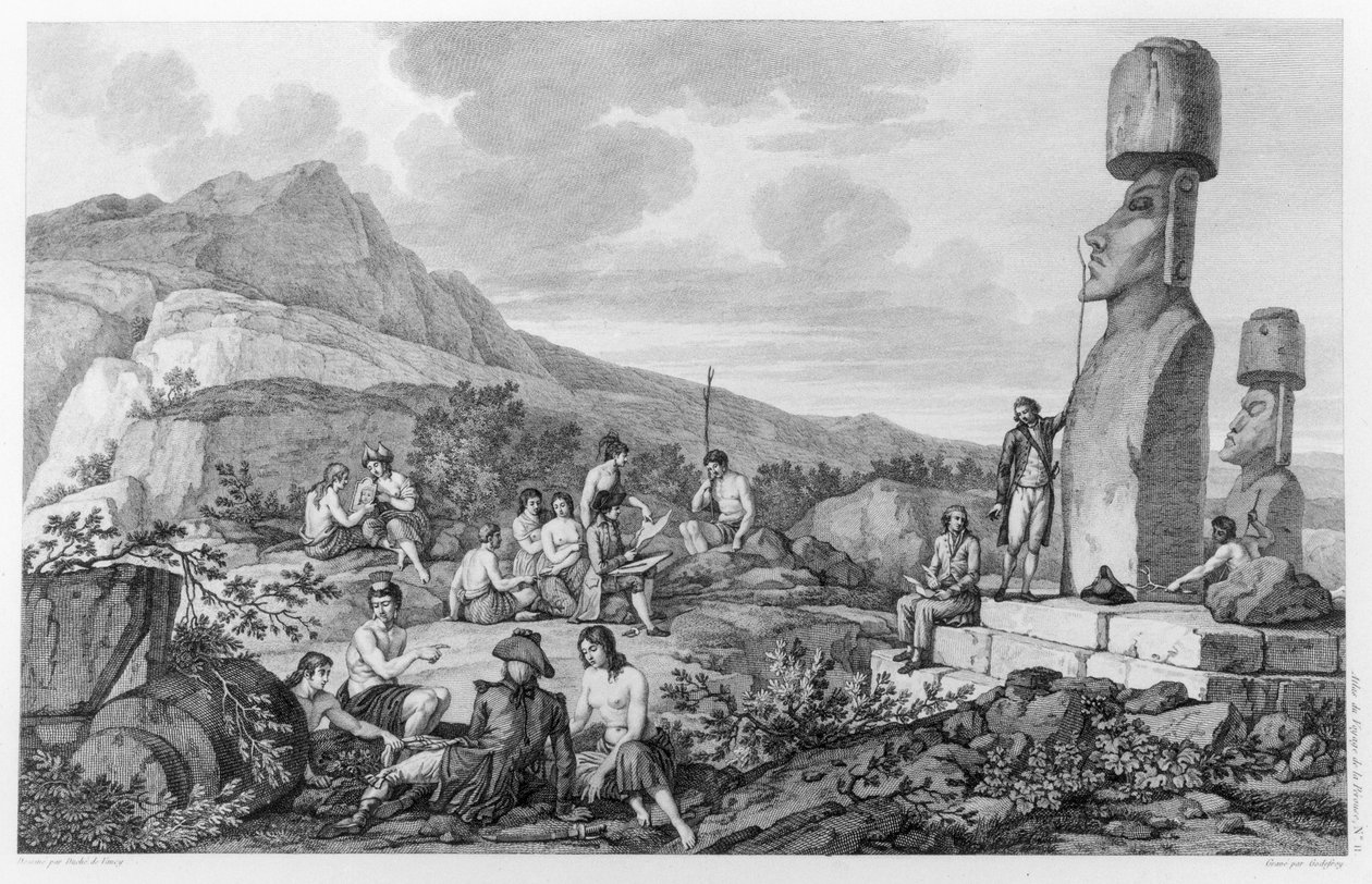 Insulaner und Monumente der Osterinsel, Tafel 11 aus dem Atlas de Voyage de La Perouse, 1785-88 von Gaspard Duche de Vancy