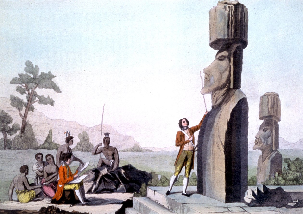 La Perouse mit seiner Crew, misst die Statuen auf der Osterinsel (1786), Gravur von Gaspard (after) Duche de Vancy