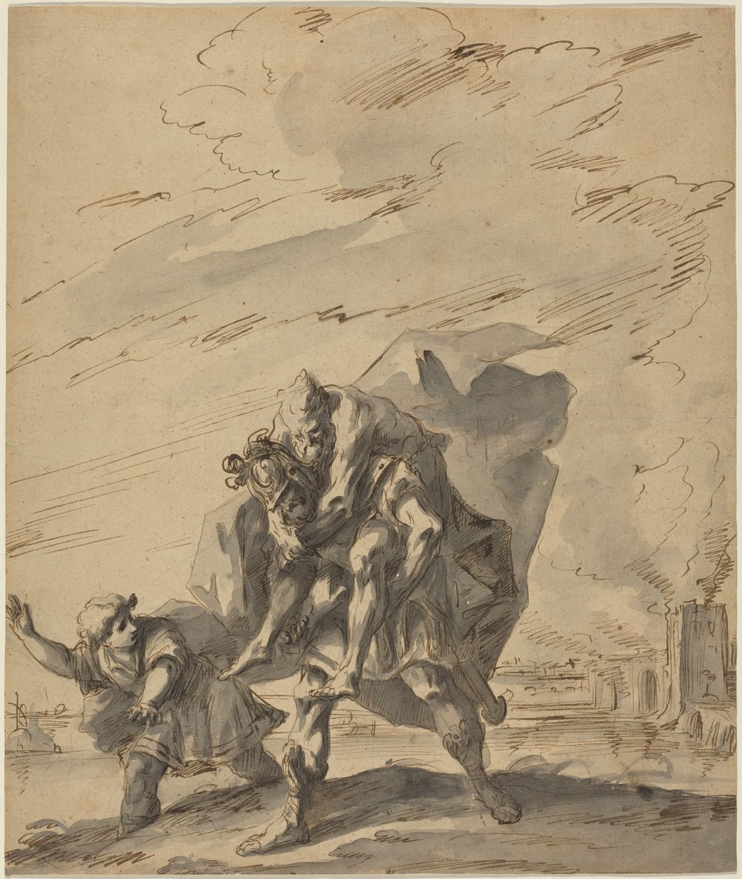 Aeneas trägt Anchises aus dem brennenden Troja, um 1733 von Gasparo Diziani