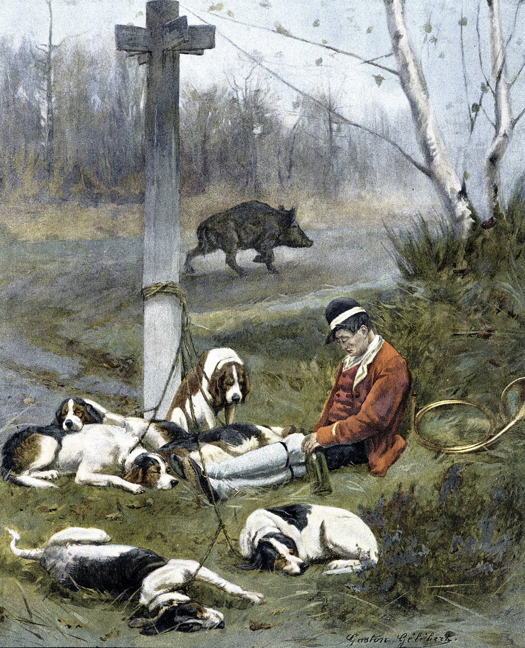 Der Jäger und seine schläfrigen Hunde (Gravur von Gaston Gelebert) von Gaston Gelibert