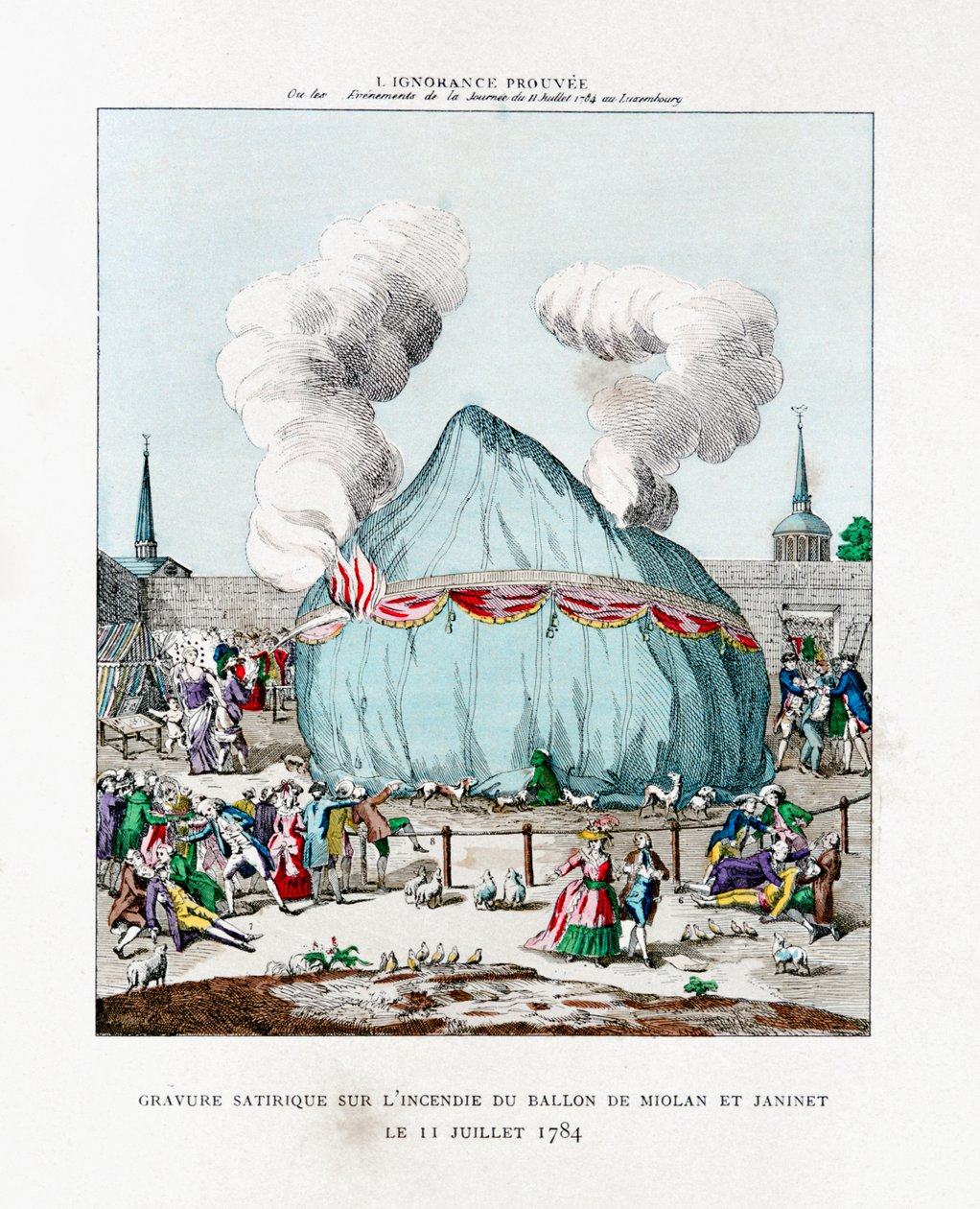 Satirische Gravur über das Feuer des Ballons von Miolan und Janinet 1784 1887 von Gaston Tissandier