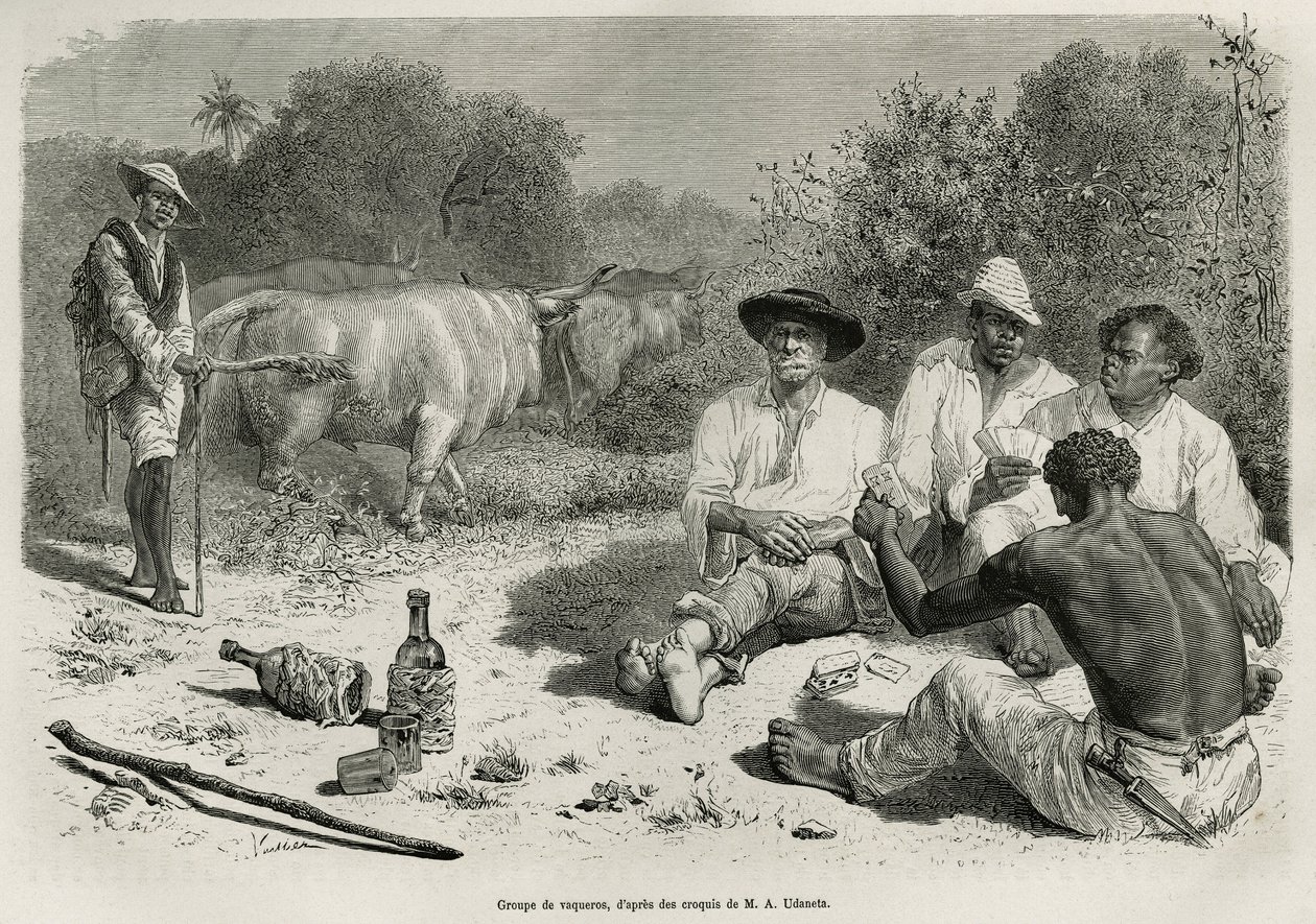 Eine Gruppe von Vaqueros spielt Karten und trinkt Alkohol, in der Nähe ihrer Rinderherden, Gravur nach einer Zeichnung von G. Vuillier, zur Illustration der Geschichte De Cayenne aux Andes, von Jules Crevaux, Arzt der französischen Marine, in den Jahren 18 von Gaston Vuillier