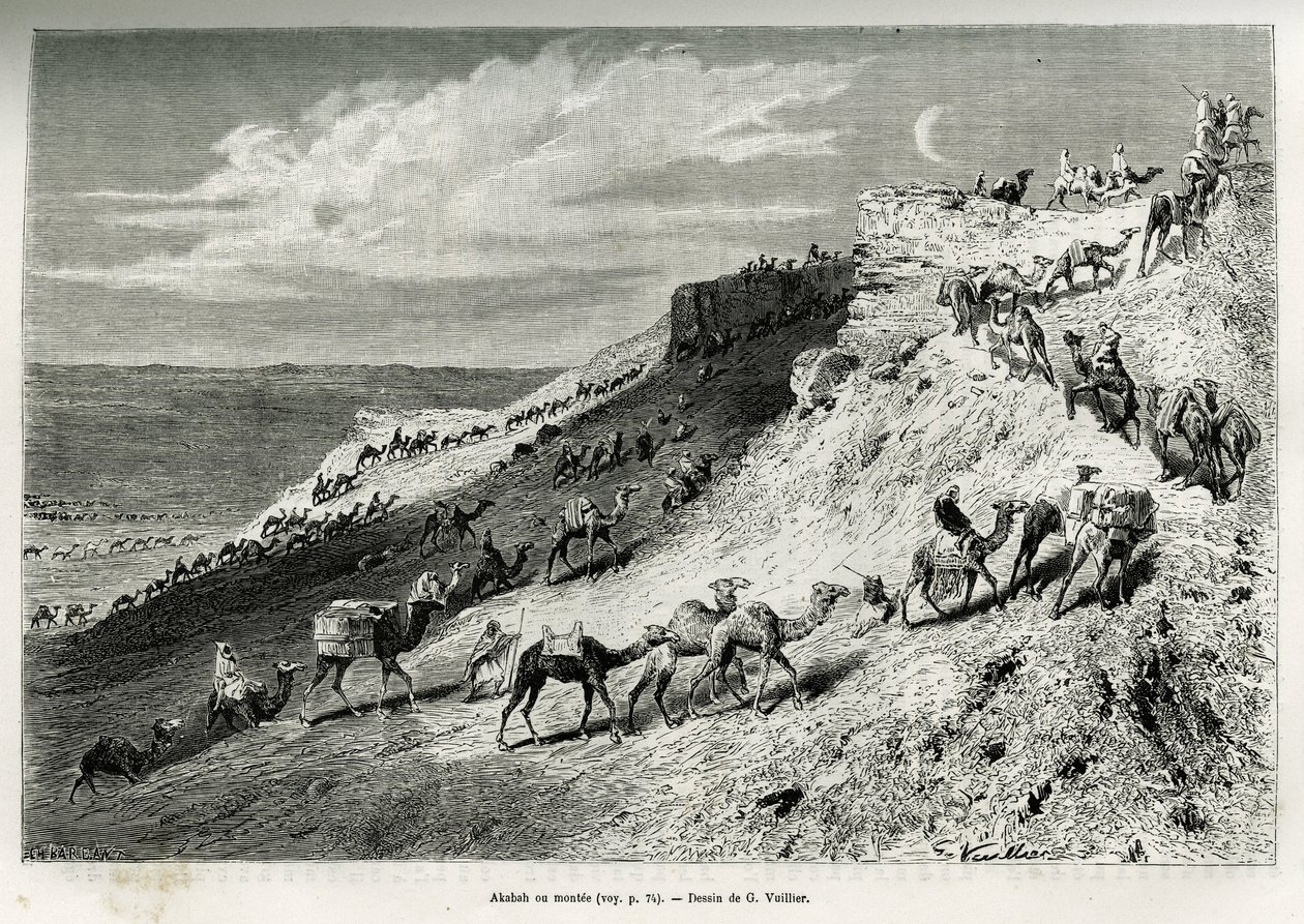 Akabah oder das Aufstellen von Kamelen aus der Karawane. Gravur von G. Vuillier, zur Illustration der Geschichte „Pilgerfahrt nach Nedjed, Wiege der arabischen Rasse“, von Lady Anna Blunt, 1878-1879, veröffentlicht in Le tour du monde, unter der Leitung vo von Gaston Vuillier