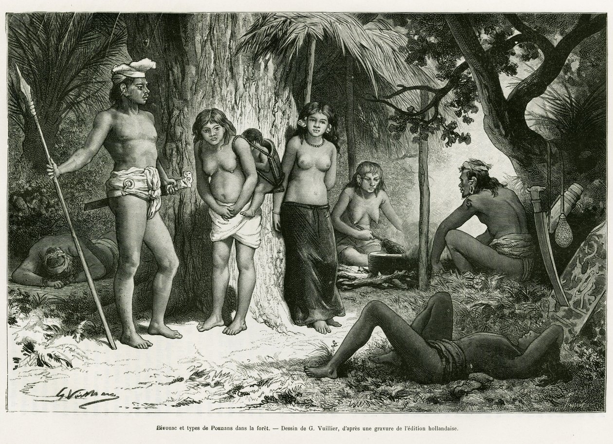Biwak und Typen von Lung im Wald. Gravur von G. Vuillier, zur Illustration der Geschichte 
