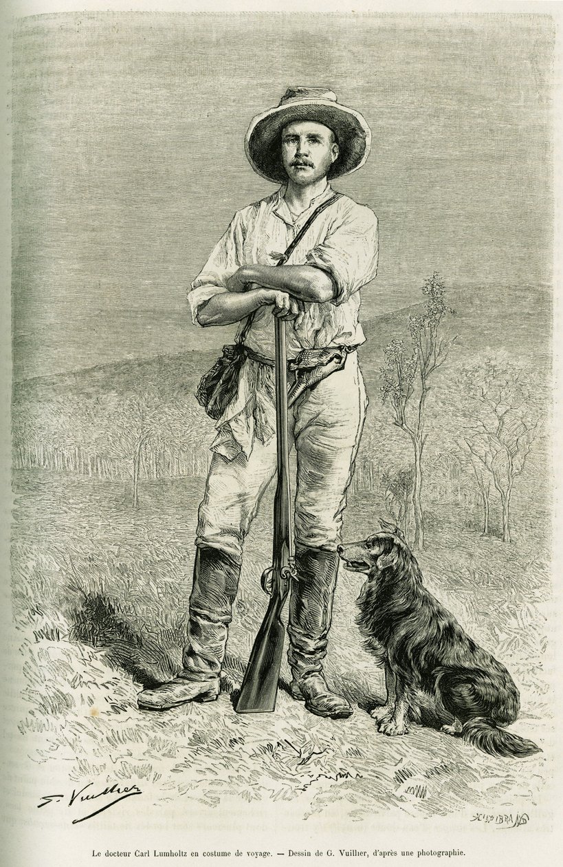 Porträt des Reisenden und Autors Carl Lumholtz. Gravur von G. Vuillier zur Illustration der Geschichte Chez les cannibales, voyage dans le nord-est d