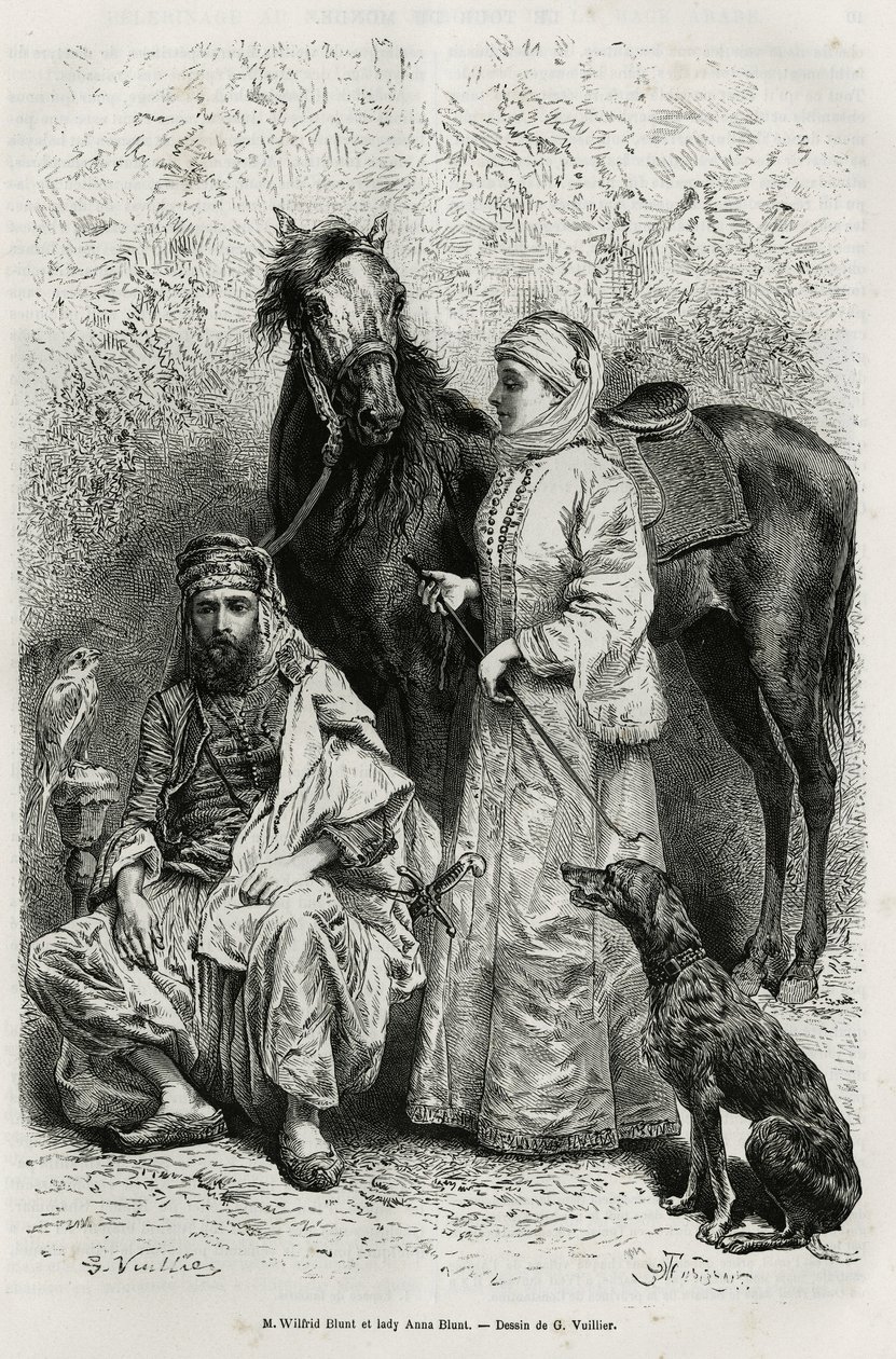 Porträts von Mr. Wilfrid Blunt (1840-1922), Dichter und Schriftsteller, und seiner Frau, Lady Anna Blunt (geb. King Noel) (1837-1917), die erste europäische Frau, die den Nahen Osten erkundete, in Reisekleidung, vor einem der arabischen Pferde in ihren Stä von Gaston Vuillier