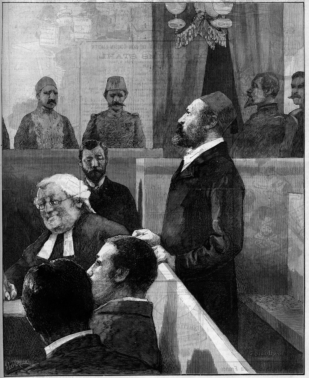 Prozess des ägyptischen Arabi Pascha (Orabi Pascha, Ahmed Urabi) (1841-1911), Organisator des antieuropäischen Aufstands von Alexandria im Juni 1882. Gravur von Vuillier in „Le Monde Illustré“ Nr. 1343 vom 13. Dezember 1882 von Gaston Vuillier