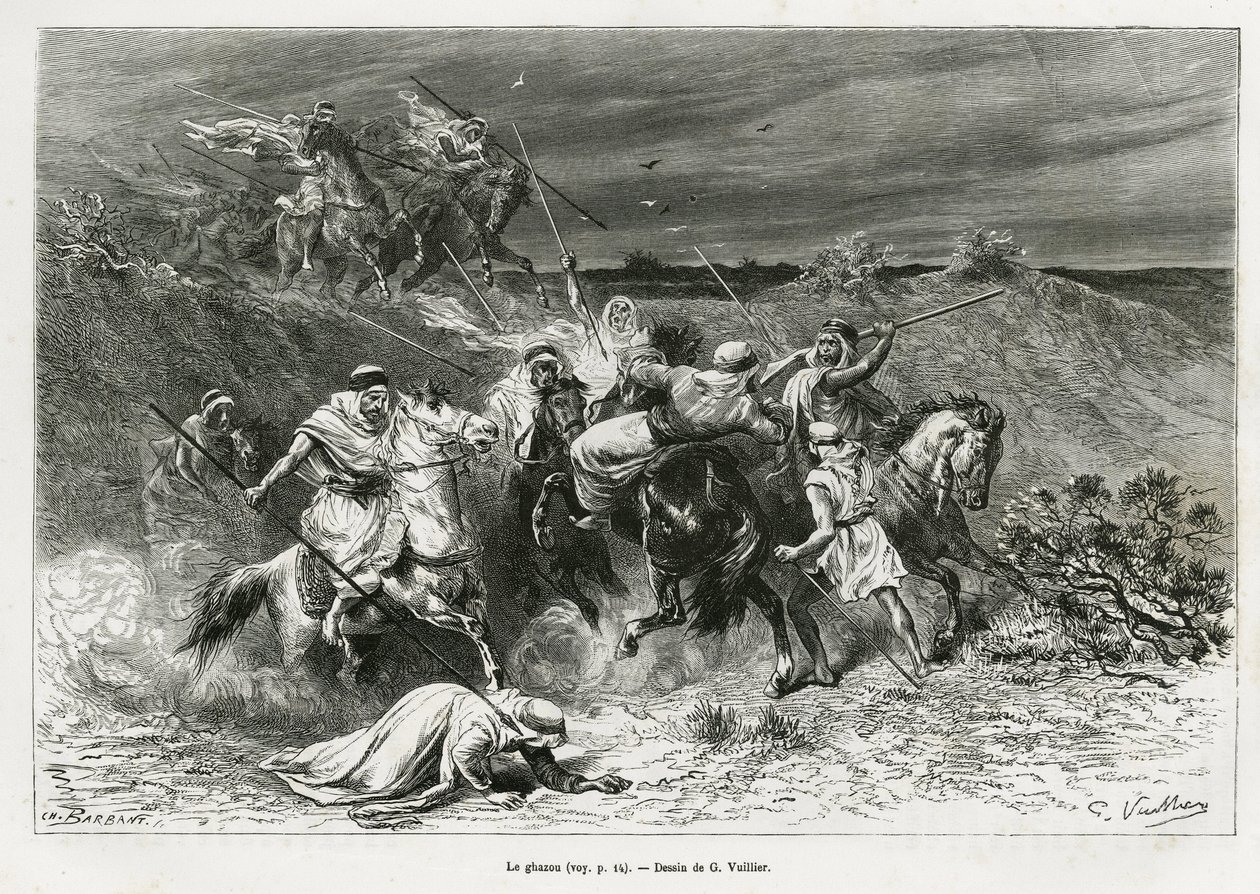 Der Ghazou oder Razzia, Plünderung mit der Hand. Gravur von G. Vuillier, um die Geschichte „Pilgerfahrt nach Nedjed, Wiege der arabischen Rasse“ zu illustrieren, von Lady Anna Blunt, in 1878-1879, veröffentlicht in Le tour du monde, unter der Leitung von E von Gaston Vuillier
