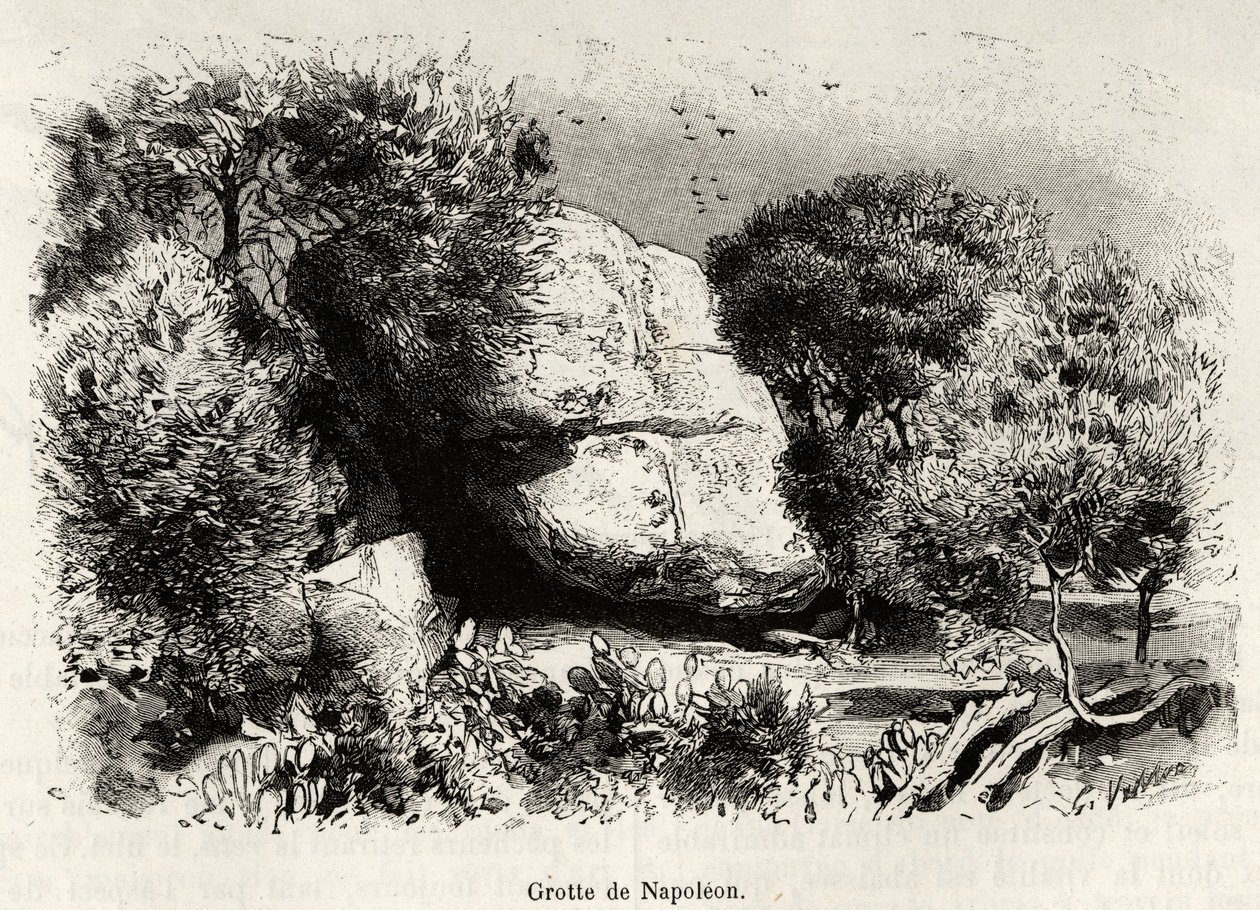 Die Napoleon-Höhle, in die sich Napoleon Bonaparte (1769-1821) als Kind gerne zurückzog, um zu studieren und zu meditieren. Gravur und Geschichte 