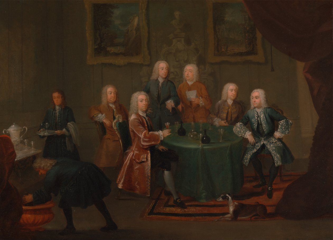 Die Brüder Clarke mit anderen Herren beim Wein, zwischen 1730 und 1735 von Gawen Hamilton
