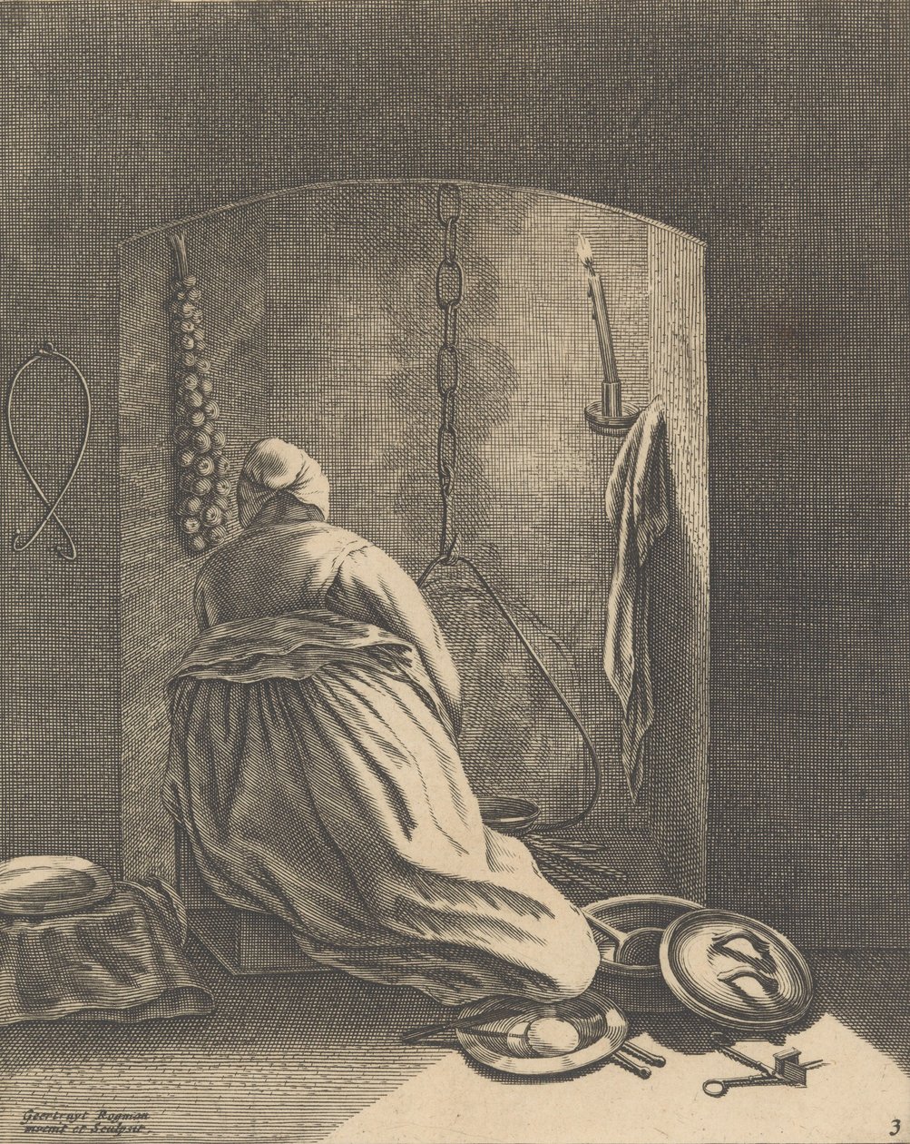 Eine Frau beim Kochen, Platte 3 aus Fünf weibliche Beschäftigungen, ca. 1640-57 von Geertruydt Roghman