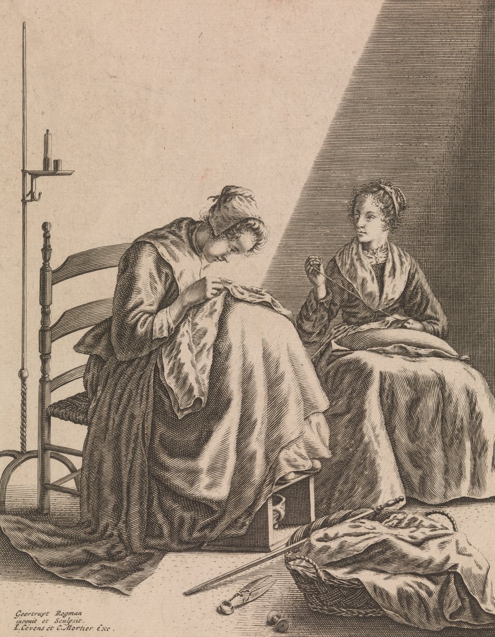 Zwei Frauen beim Nähen, Platte 1 aus Fünf weibliche Beschäftigungen, ca. 1640-57 von Geertruydt Roghman