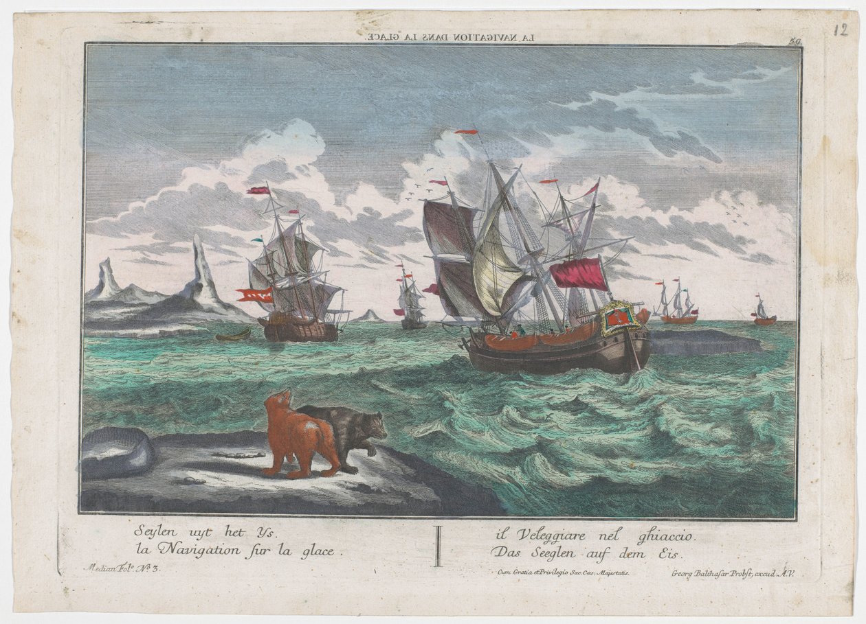 Ansicht des Segelns auf dem Eis (Serie: Walvisfangst vor Grönland) von Georg Balthasar Probst