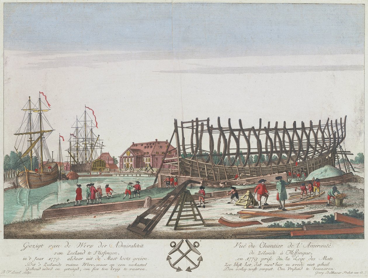 Ansicht der Werft der Admiralität von Zeeland in Vlissingen im Jahr 1779. Lithographie (36,3x49,1 cm), Gravur von Leizel nach einer Zeichnung von Georg Balthasar Probst (1732-1801) von Georg Balthasar Probst
