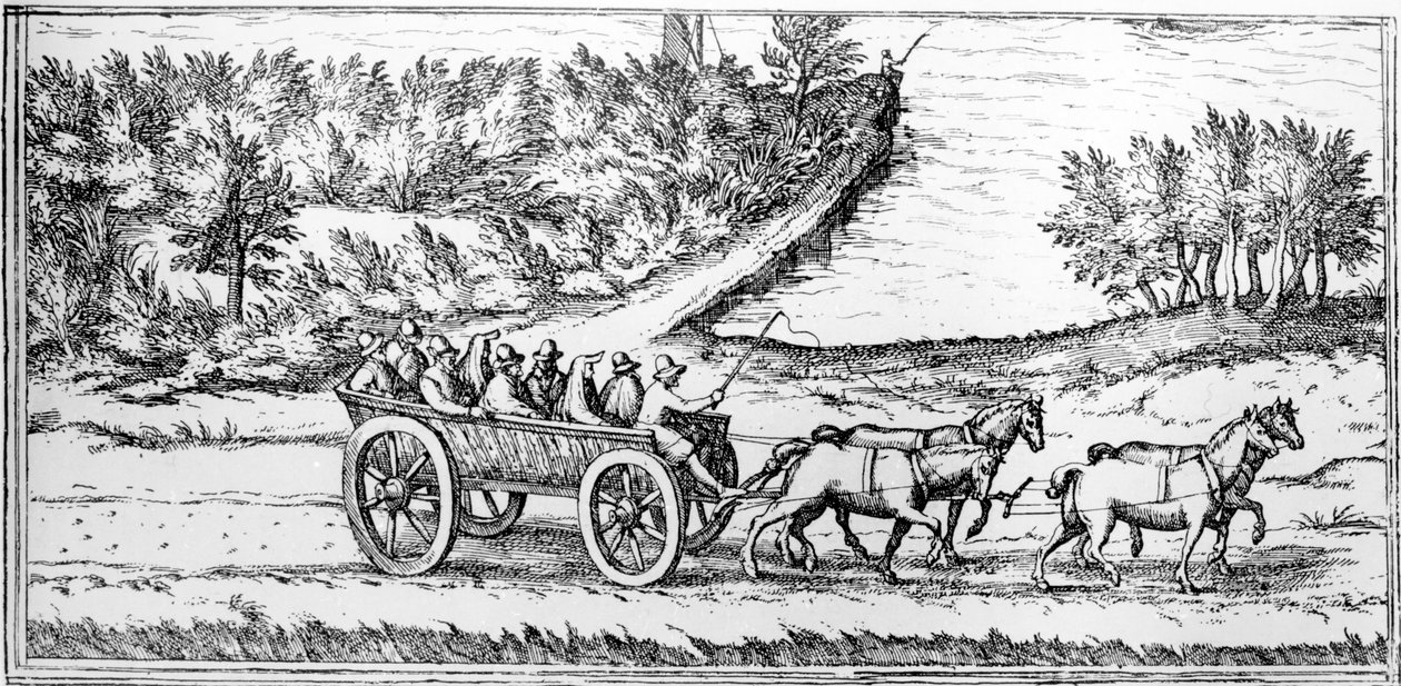 Kutsche mit Passagieren in Frankreich, Detail einer Karte, Ende des 16. Jahrhunderts von Georg Braun und Franz Hogenberg