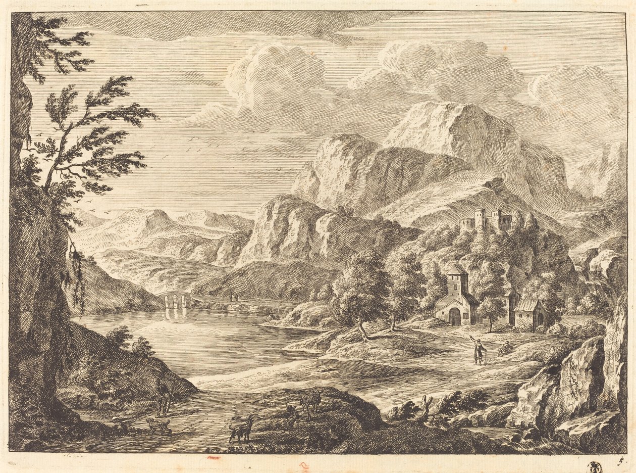 Gebirgige Landschaft mit einer Ruine und einer Bogenbrücke in der Ferne von Georg Eisenmann
