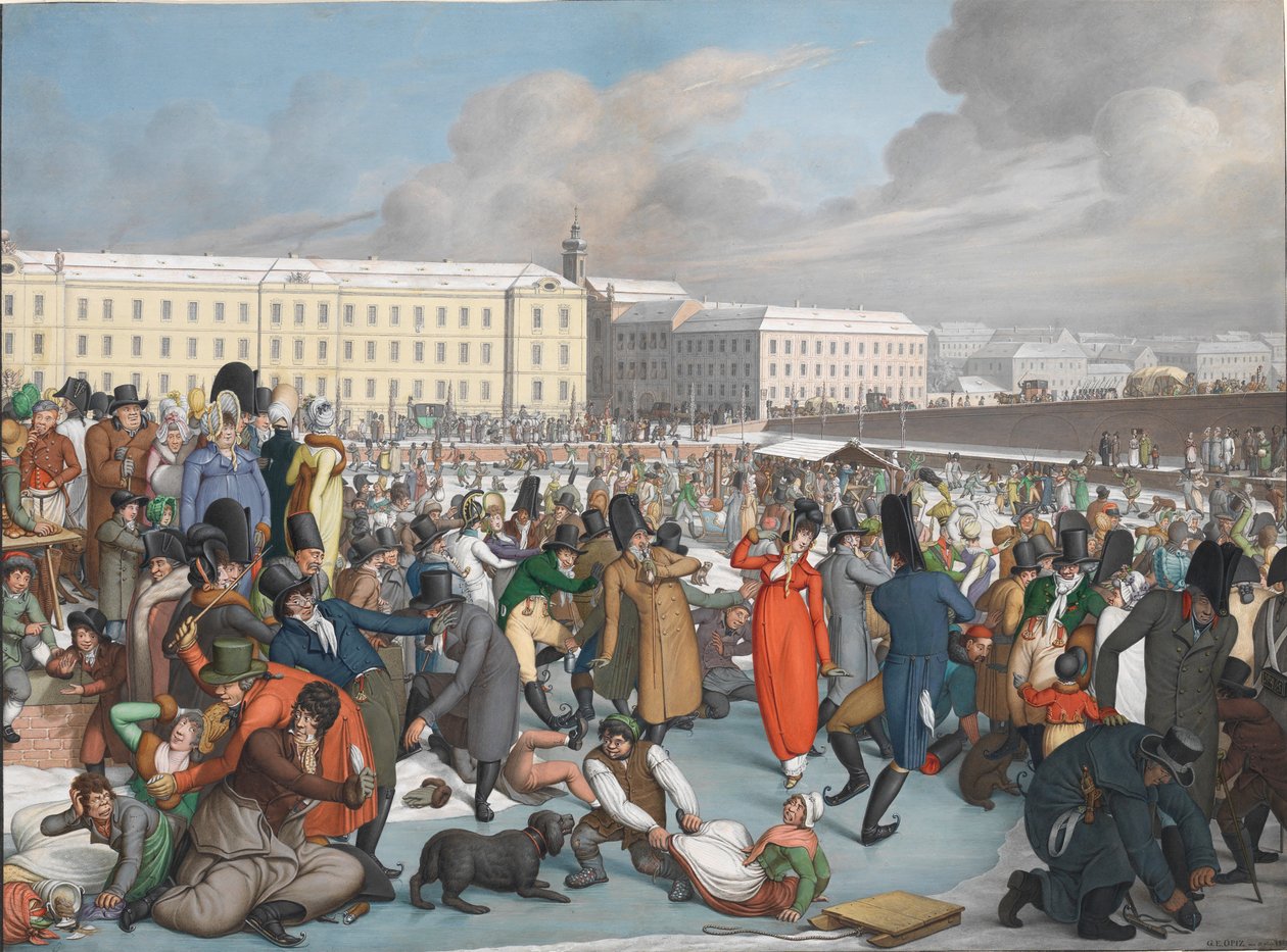 Eislaufen im gefrorenen Hafen des Wiener Neustädter Kanals, 1805 von Georg Emanuel Opiz