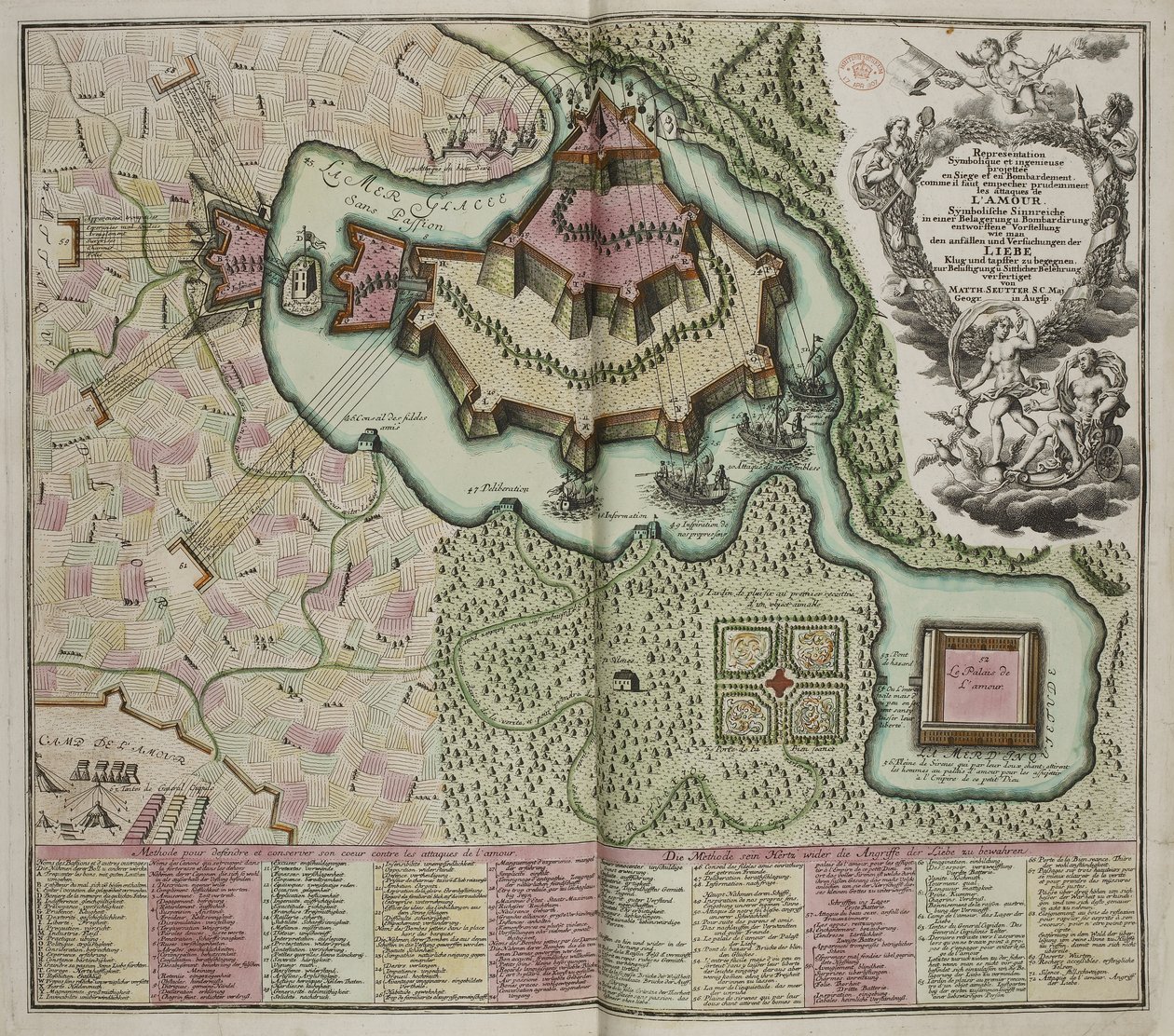 Allegorische Karte der Belagerung der Burg der Liebe von Georg Matthäus Seutter