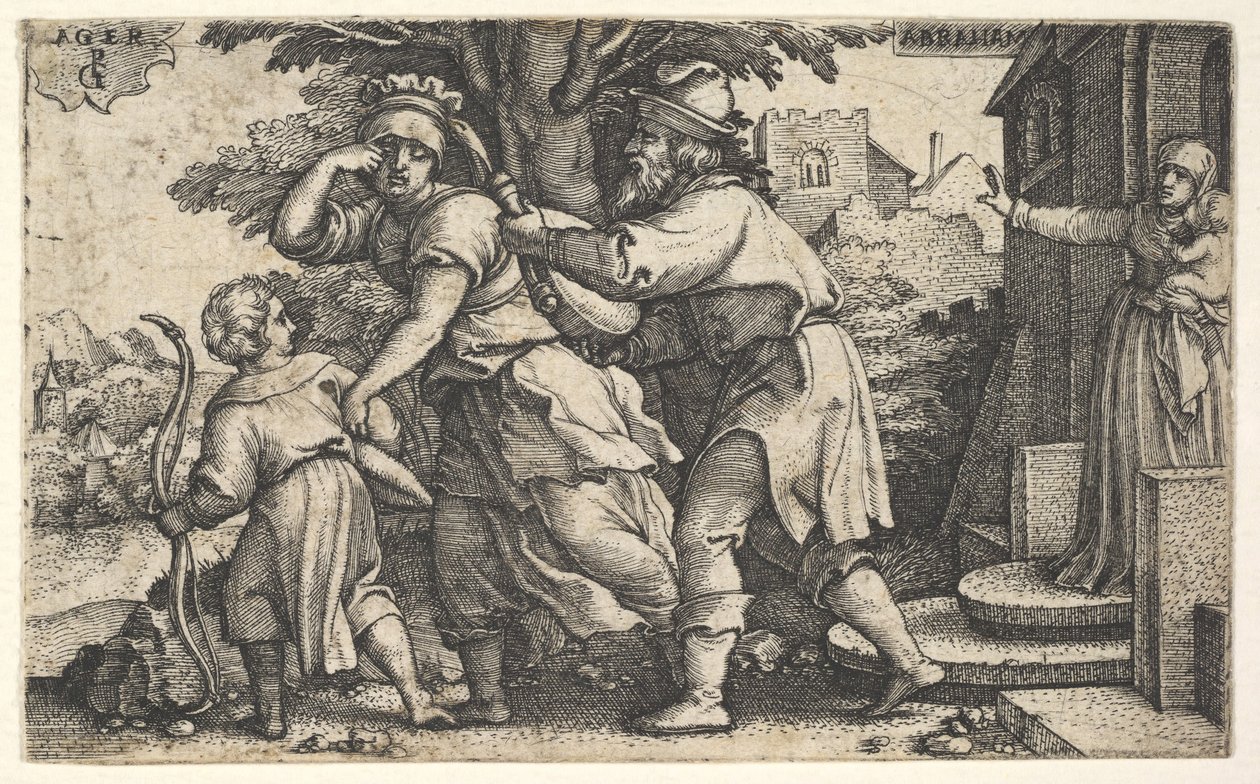 Abraham schickt Hagar und Ismael weg: Abraham hält ein Gefäß, während Hagar und Ismael... (ca. 1543) von Georg Pencz