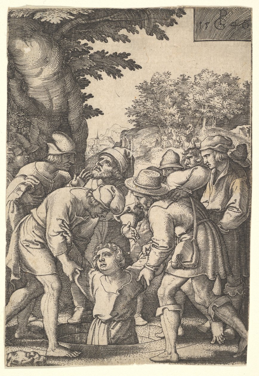 Joseph wird von seinen Brüdern in einen Brunnen hinabgelassen, aus der Serie Die Geschichte von Joseph, 1546 von Georg Pencz