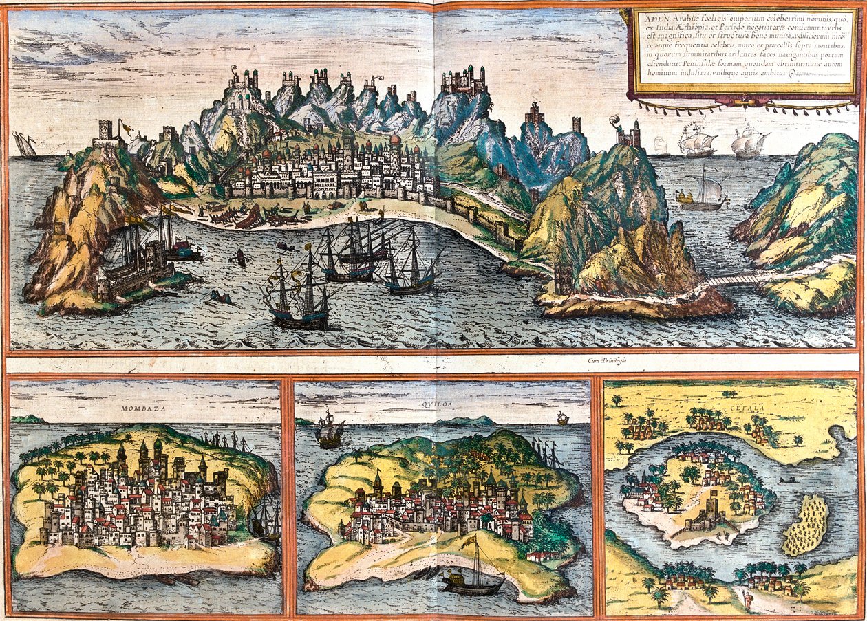 Aden, Mombasa, Kilwa, Nova Sofala, Jemen, Kenia, Tansania, Mosambik von Georg and Hogenberg Franz (1535 90) Braun