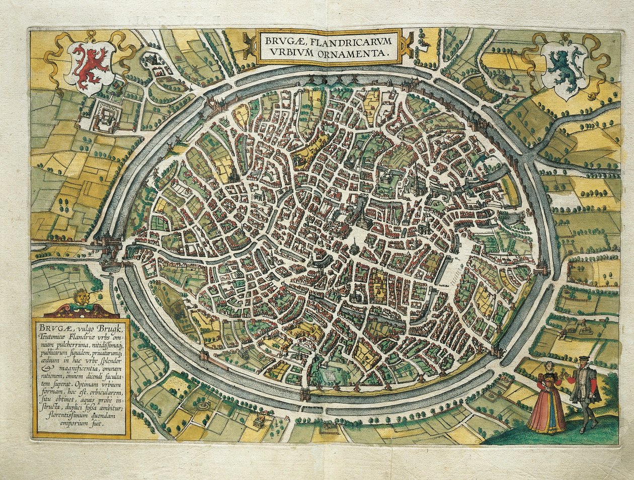 Karte von Brügge, Belgien, aus Civitates Orbis Terrarum von Georg Braun und Franz Hogenberg, Köln, Kupferstich von Georg Braun and Hogenberg Franz