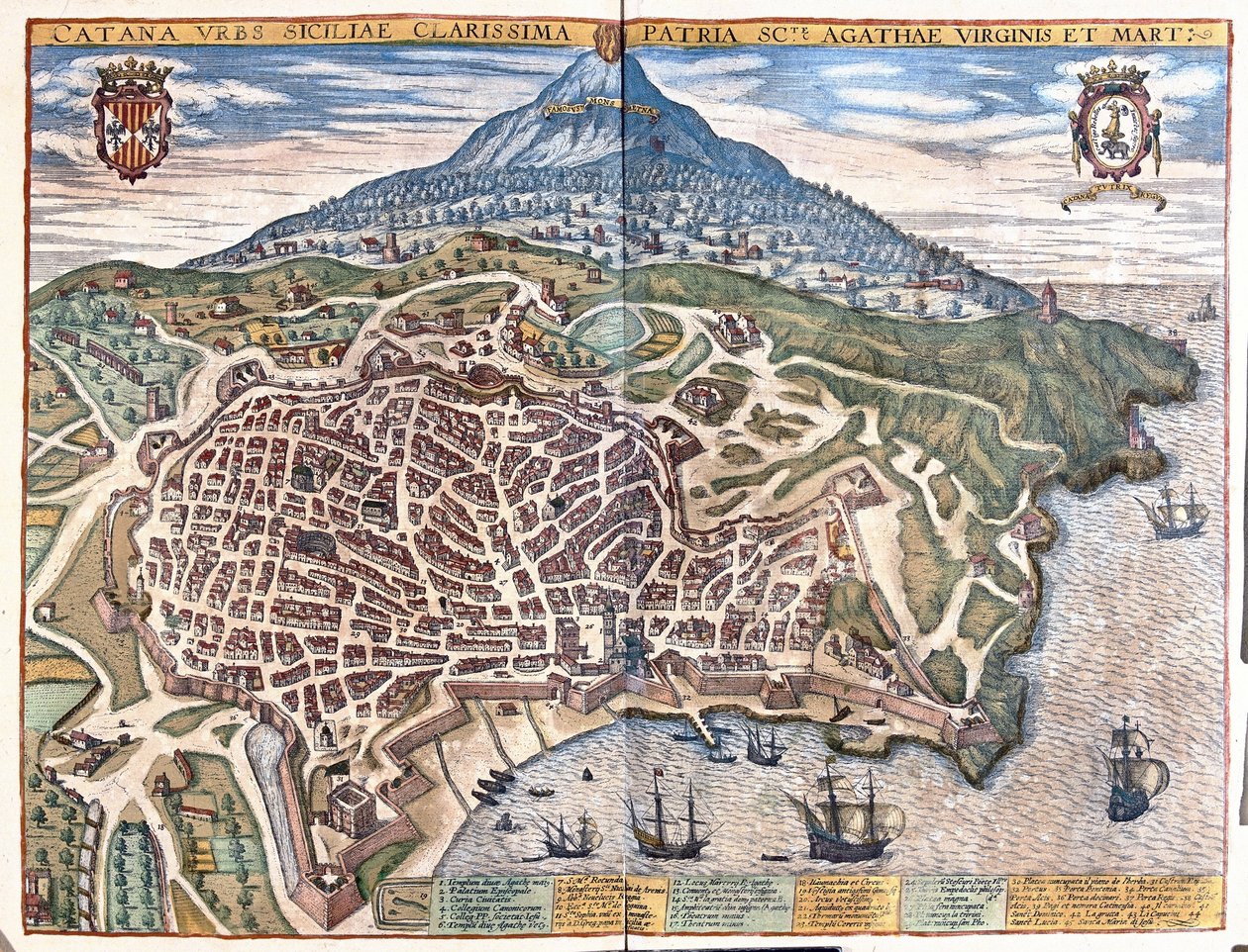 Catania, mit dem Ätna im Hintergrund, Sizilien, Italien (Stich) von Georg Braun and Hogenberg Franz
