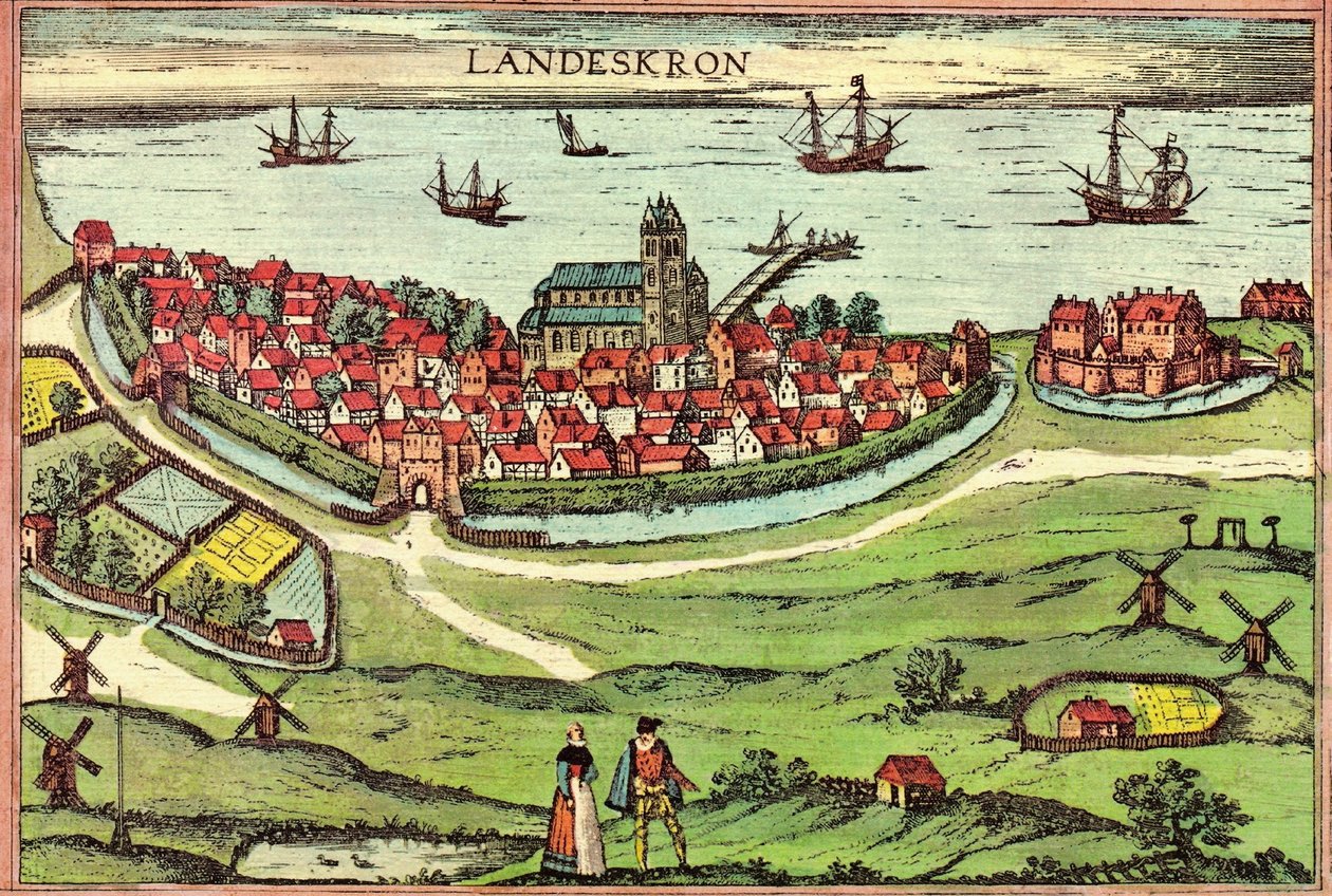 Stadt Landskrona, ein anti-hanseatischer Hafen, Dänemark von Georg and Hogenberg Franz (1535 90) Braun