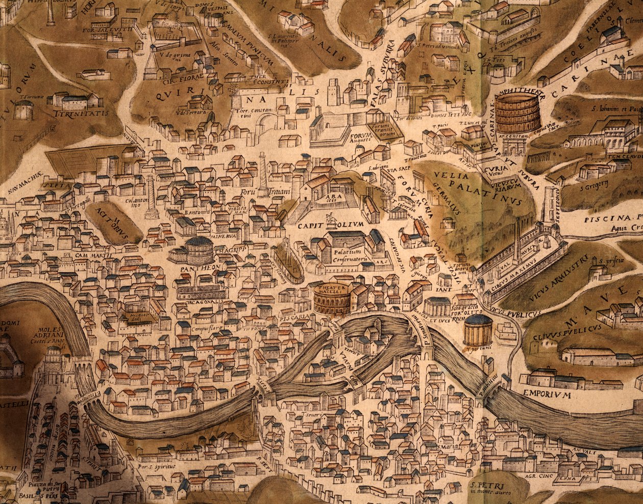 Stadt Rom, Kartenplatte, Detail aus Civitates orbis terrarum, Städte der Welt, von Georg Braun (1541-1622) und Franz Hogenberg (1535-1590), aktiv in Köln, Gravur, Italien von Georg Braun and Hogenberg Franz