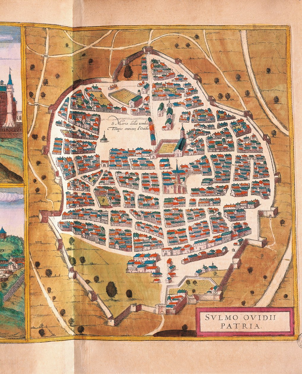 Italien, Sulmona, Die Stadt Sulmona aus Civitates Orbis Terrarum von Georg Braun und Franz Hogenberg, Kupferstich von Georg Braun and Hogenberg Franz