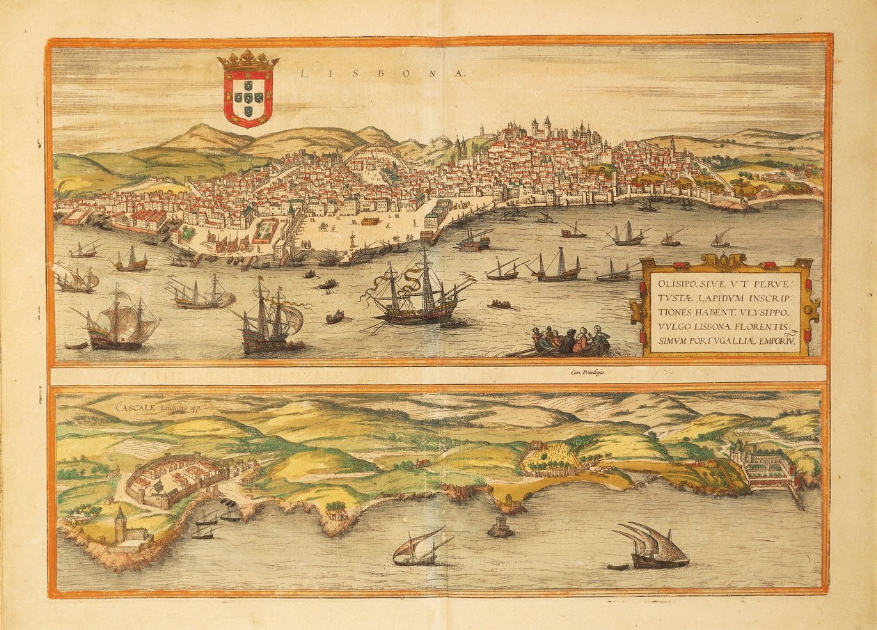 Karte von Lissabon und Cascais aus Civitates Orbis Terrarum von Georg Braun and Hogenberg Franz